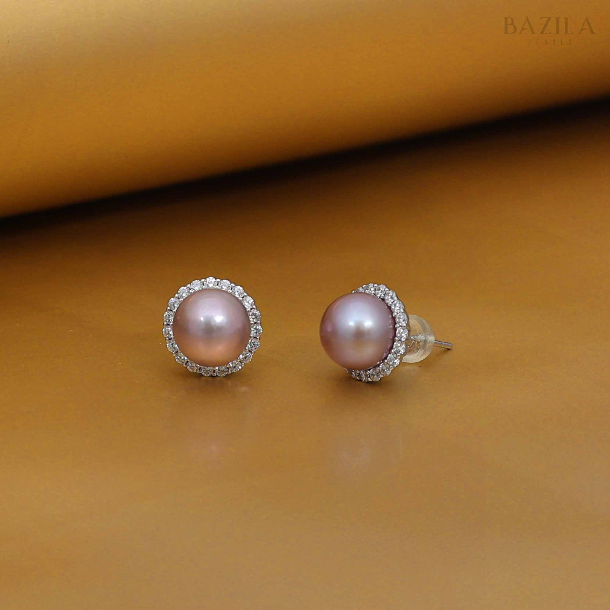 Purple Edison Pearl Stud Earrings with Zircon Halo