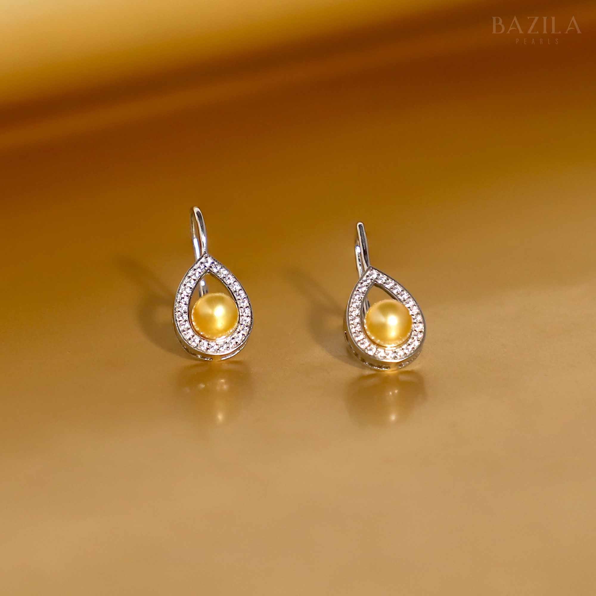 Golden Sea Pearl Drop Earrings with Zircon Teardrop Frame