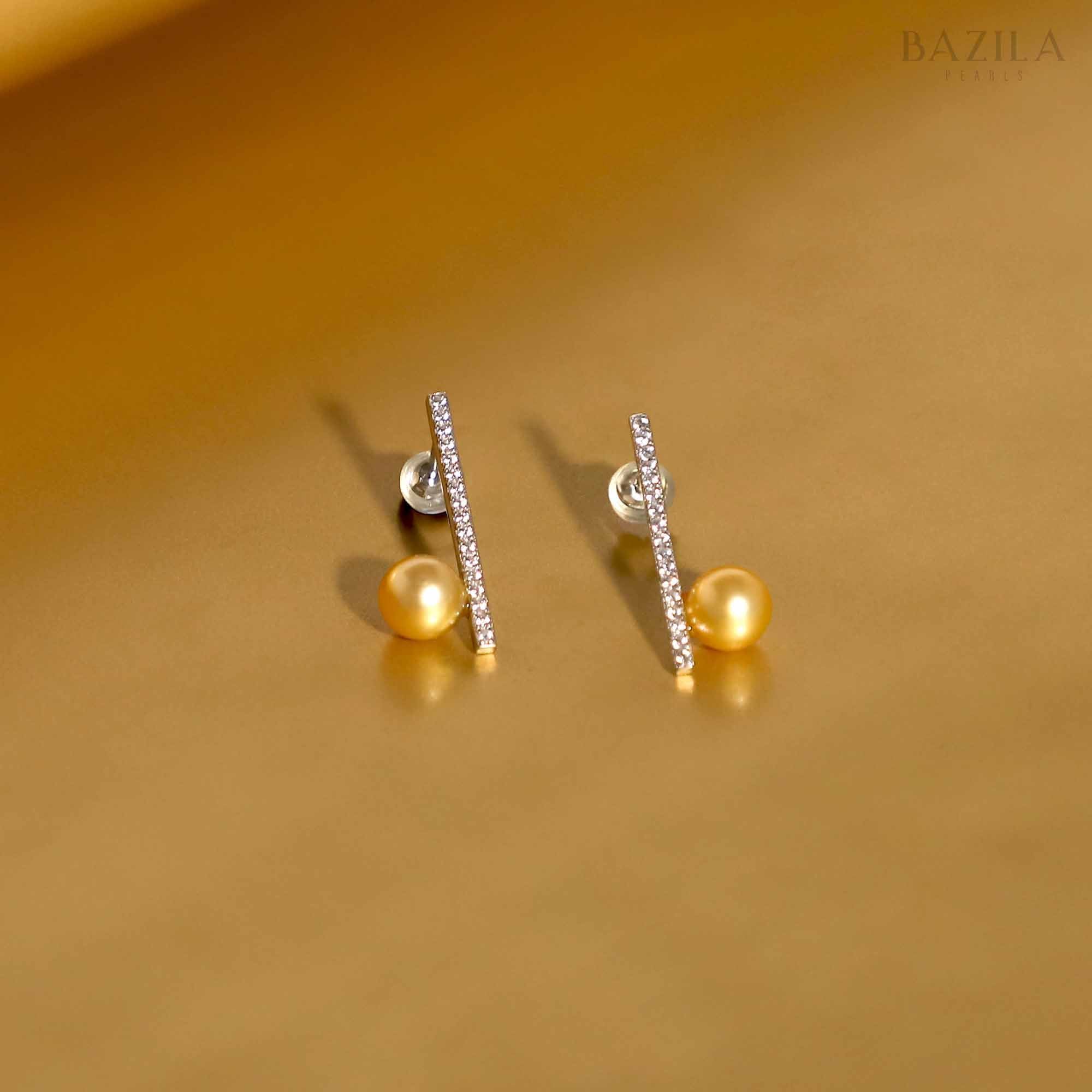 Modern Golden Sea Pearl Drop Earrings with Zircon Bar