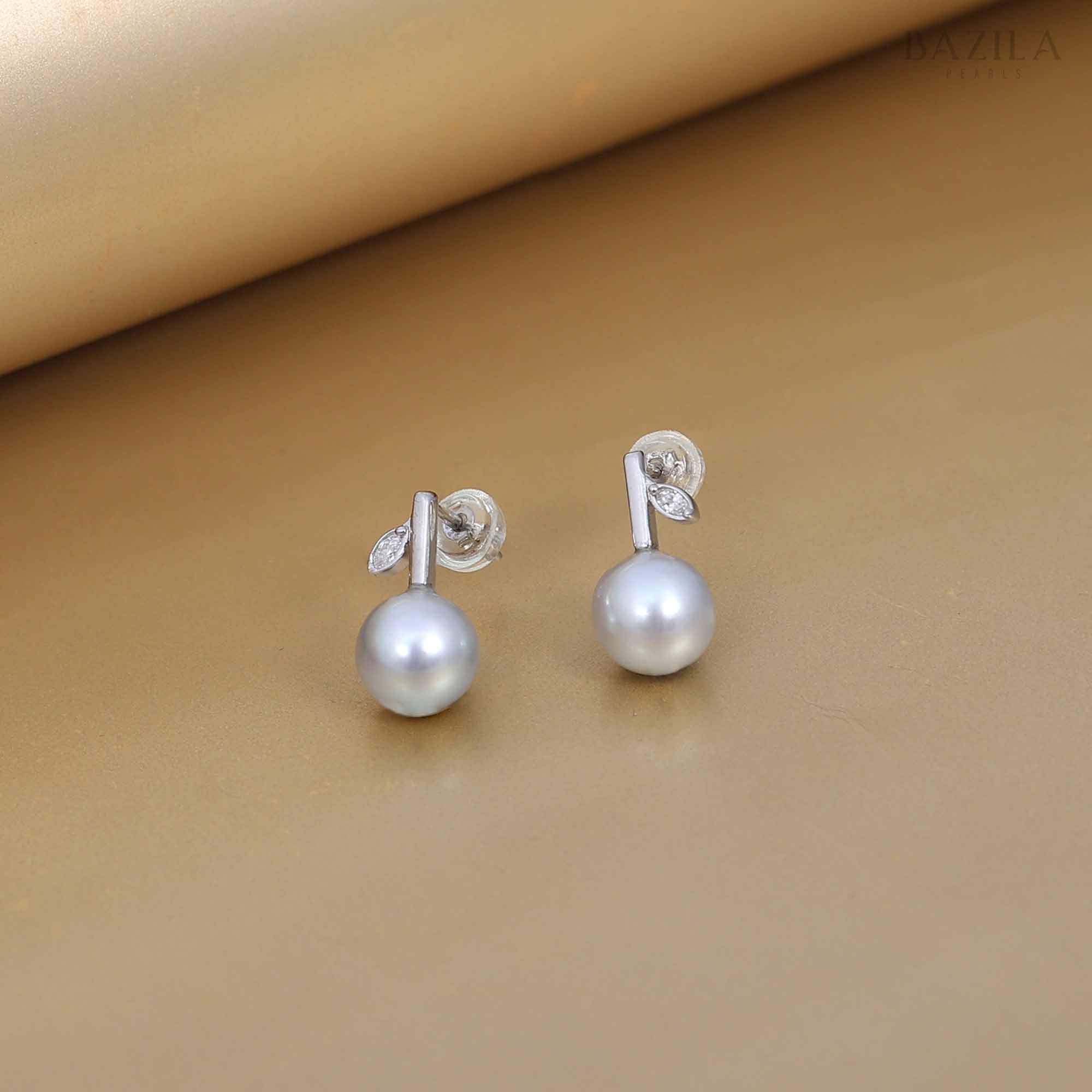 Minimalist Akoya Pearl Earrings with Leaf Accent