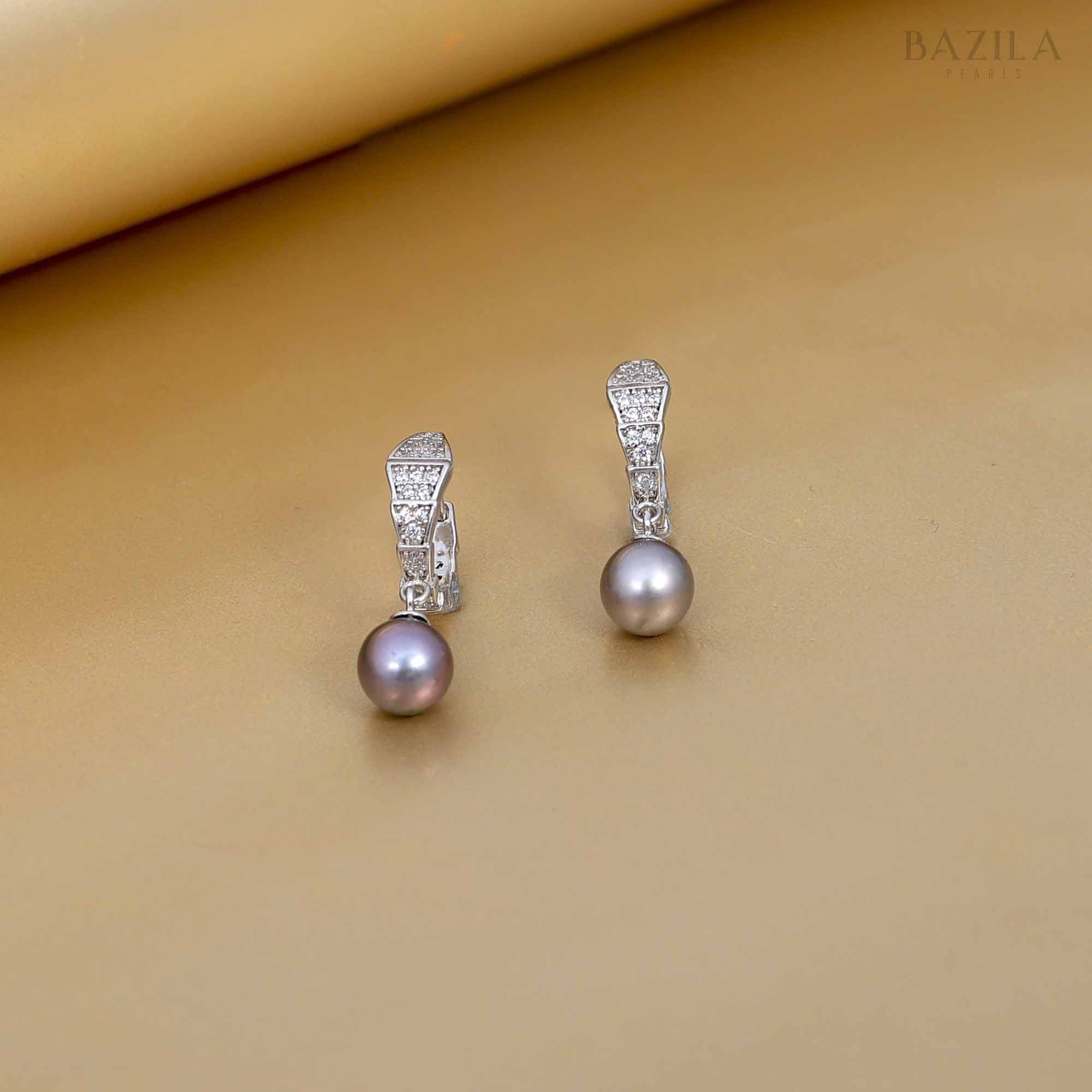 Black Akoya Pearl Drop Earrings with Geometric Zircon Design